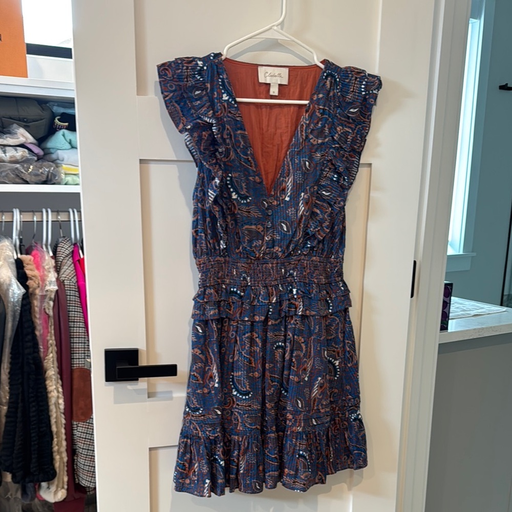 Cleobella Blue and Orange Ruffled Tiered Mini Dress